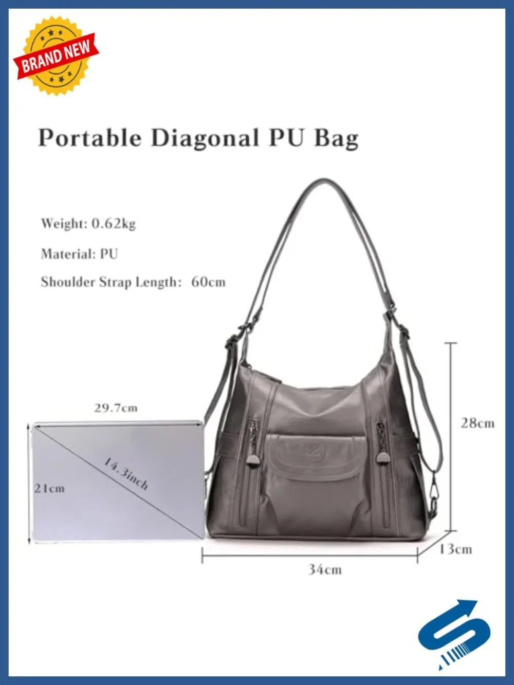 Women PU Leather Tote Shoulder Bag Large Capacity Handbag Backpack 9 Pockets